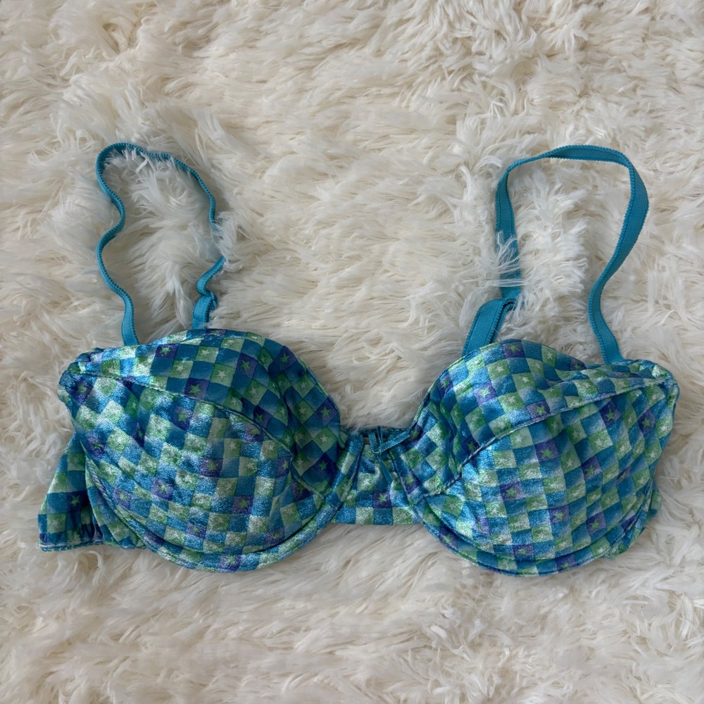 Vintage Blue Green Checkered Star Metallic Underwire Bra 36C